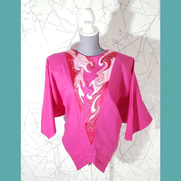 Carry Back Ltd. VTG Pink Abstract Printed Applique Batwing Blouse - Picture 1 of 4